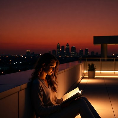 Woman reading book on rooftop at sunset