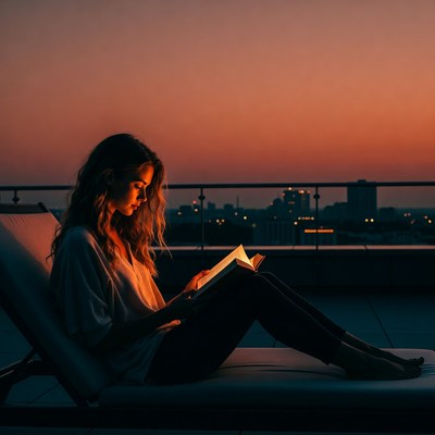 Woman reading book on rooftop sunset