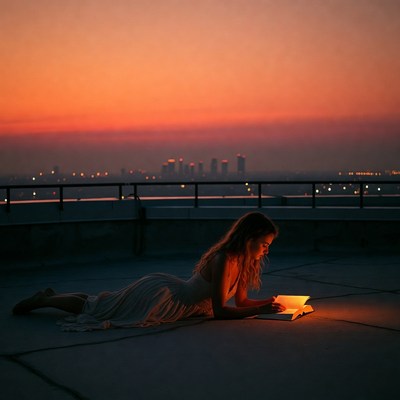 Woman reading book on rooftop at sunset