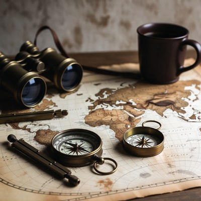 Compass binoculars map on table