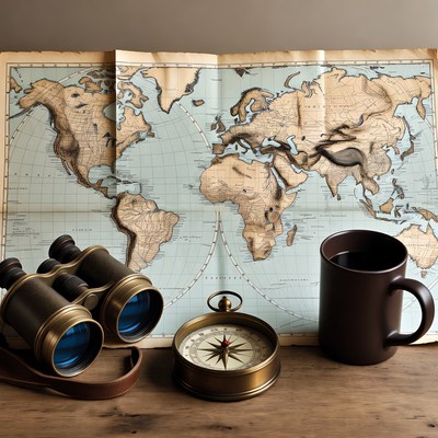 Vintage Map with Compass Binoculars