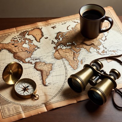 Vintage World Map with Compass Binoculars Coffee