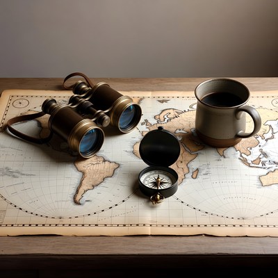 Binoculars, Compass, Coffee on World Map