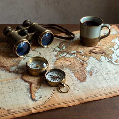 Compass Binoculars Map Coffee
