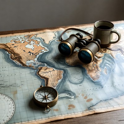 Compass Binoculars Coffee on World Map