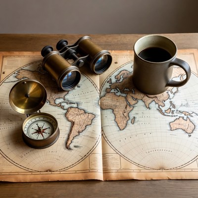 Binoculars Compass Coffee on World Map
