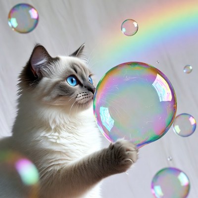 Siamese cat playing with rainbow bubbles