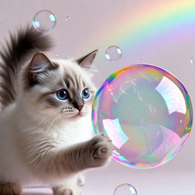 Kitten playing with rainbow bubble