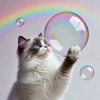 Russian Blue Cat Playing with Bubbles