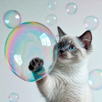 Kitten holding rainbow bubble