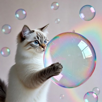 Siamese Cat Playing with Bubbles