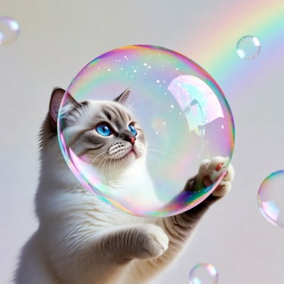 Russian Blue Cat Holding Rainbow Bubble