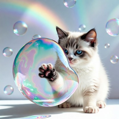 Kitten paw touching rainbow bubble