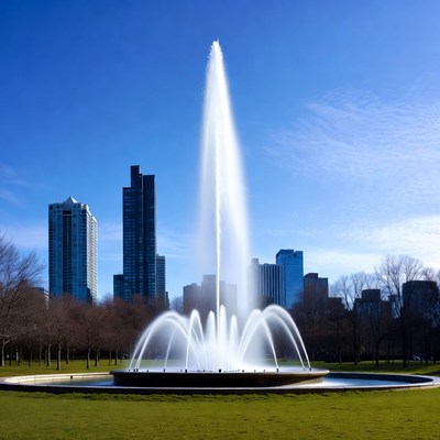 Fountain spraying water against city skyline