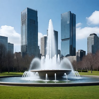 Fountain in city park with skyscrapers