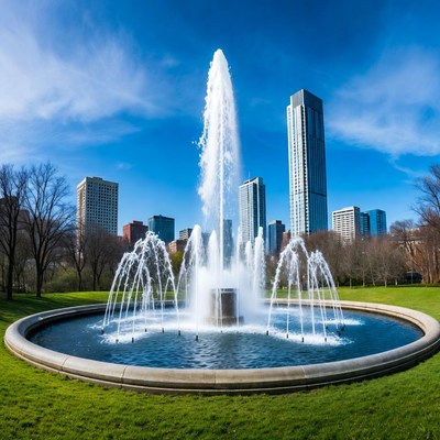 Fountain with Skyscrapers in Park