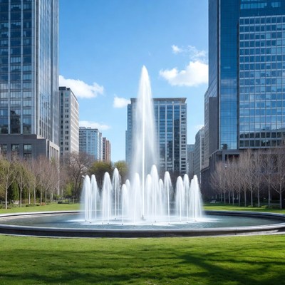 Fountain in City Park with Skyscrapers