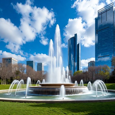 Fountain with Skyscrapers in Park