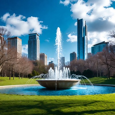 Fountain in city park with skyscrapers