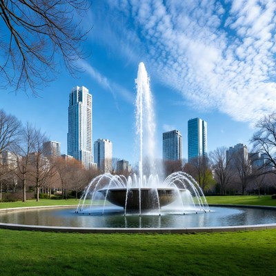 Fountain with Skyscrapers in Park