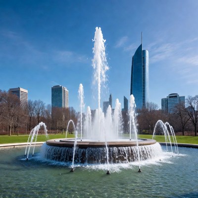 Fountain spraying water with city skyline