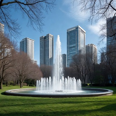 Fountain with Skyscrapers and Bare Trees