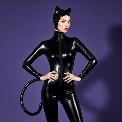 Woman in black latex catwoman costume