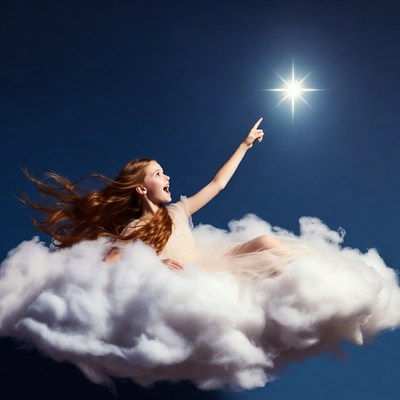 Girl reaching for star on clouds