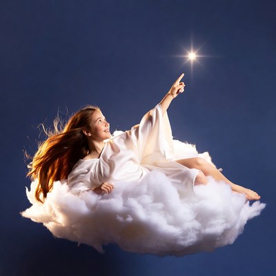 Girl pointing at star on clouds