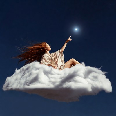 Redhead woman pointing at star on clouds