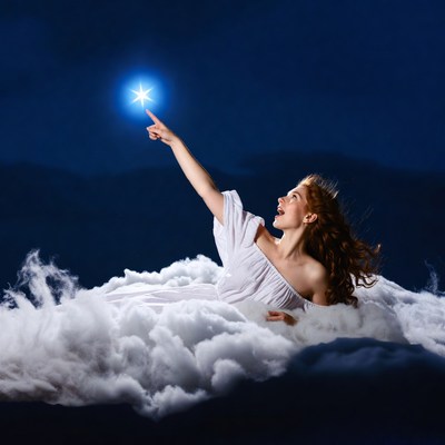 Woman waving magic wand on clouds