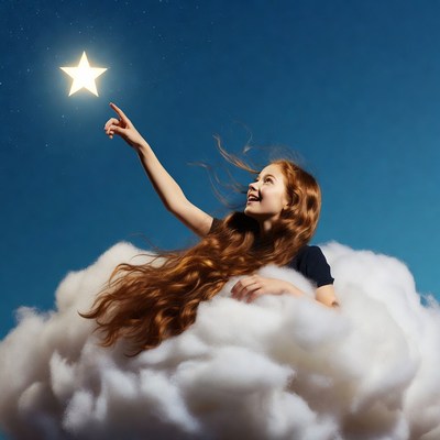 Girl reaching for glowing star on clouds