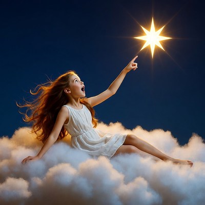 Girl reaching for star on clouds