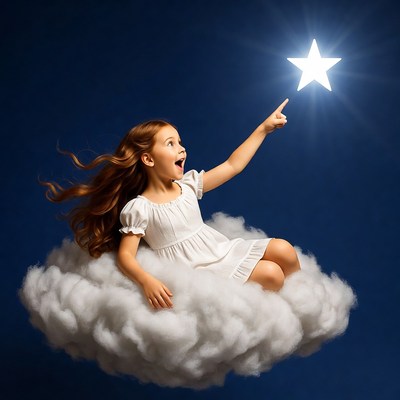 Girl reaching for shining star on cloud
