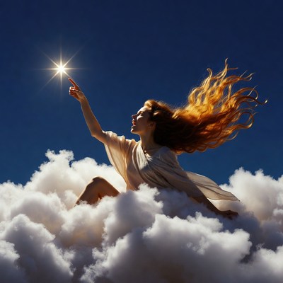 Woman touching star on clouds