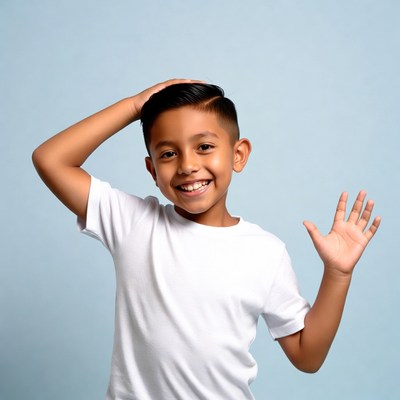 Latino boy waving hand smiling