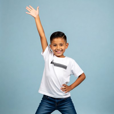 Latino boy waving hand smiling