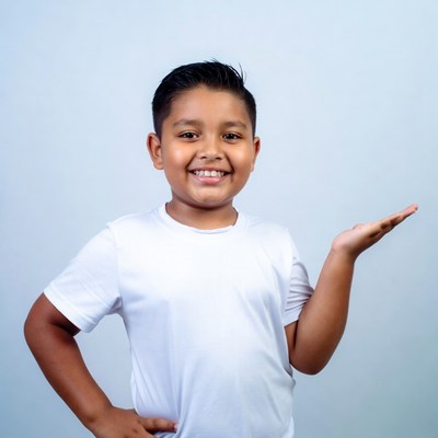 Smiling Latino boy presenting hand