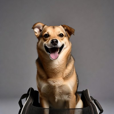 Happy dog sitting in pet carrier