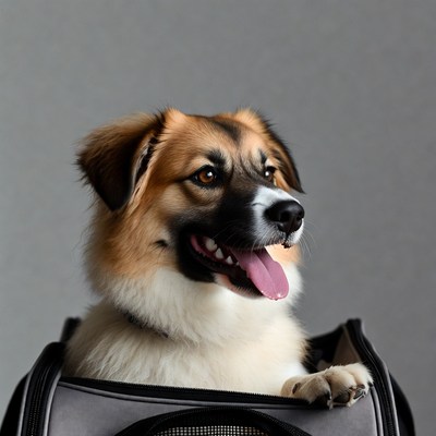 Dog in pet carrier smiling