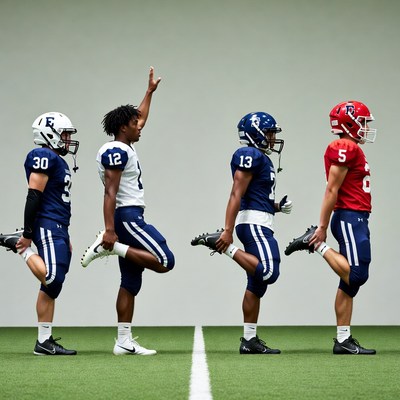 Four Football Players Stretching on Field