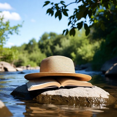 Straw Hat on Open Book in River