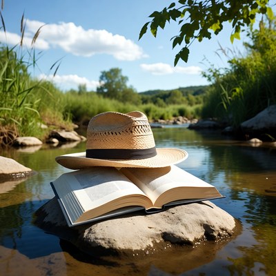 Straw hat on open book in river
