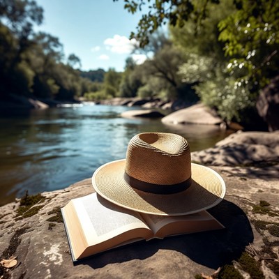 Straw Hat and Open Book on Riverside Rocks