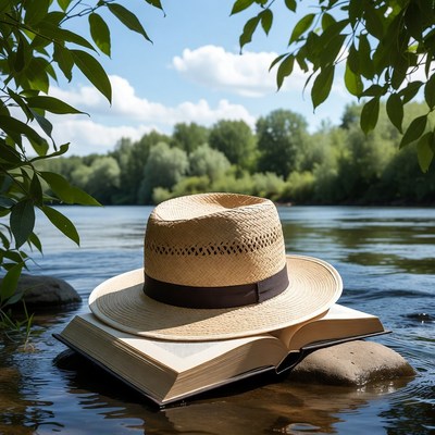 Straw Hat on Open Book in River