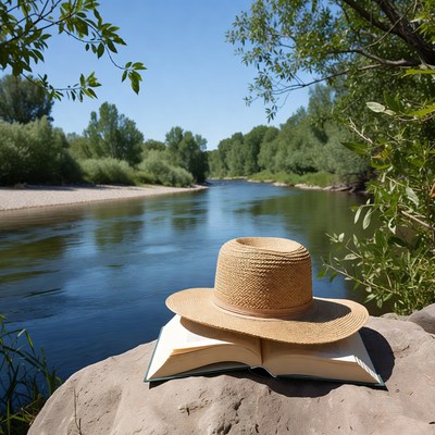 Straw Hat on Open Book by River