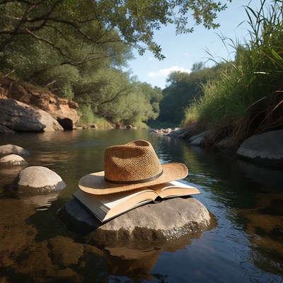Straw Hat and Open Book on River Rock