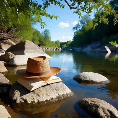 Open book and straw hat on river rocks