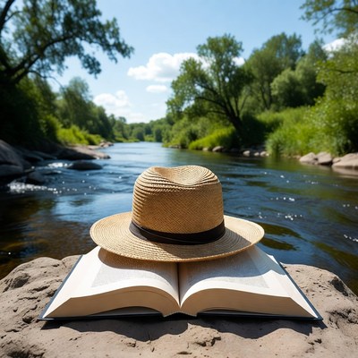 Straw Hat on Open Book by River