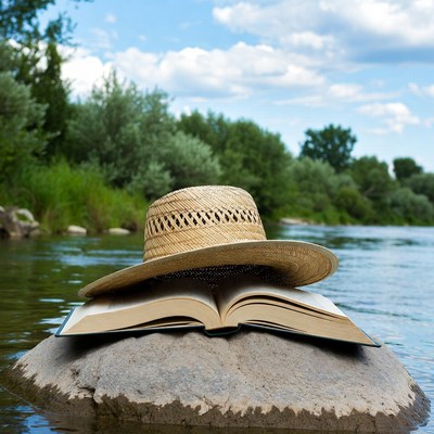Straw Hat on Open Book by River